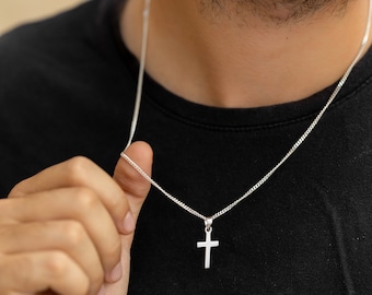 Sterling Silver Mens Cross Necklace, Christian Cross Chain, Cross Jewelry for Man, Religious Gift, Mens Layering Chain, Jewelry Gift for Him