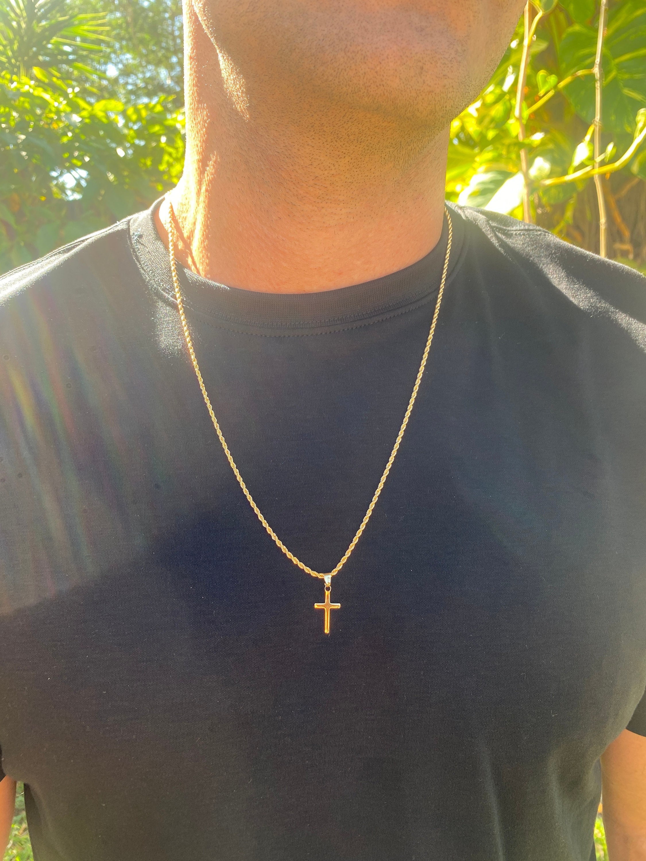 Mens Small Cross Necklace, 2mm Rope Necklace, Gold Filled Necklace, Waterproof Necklace, Cross Jewelry, Protection Necklace, Religious Gift