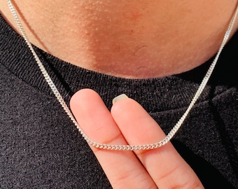 Mens Sterling Silver Necklace, Curb Chain, Thin Necklace, Pendant Necklace, Waterproof Necklace, Layering Necklaces, Mens necklace, For him