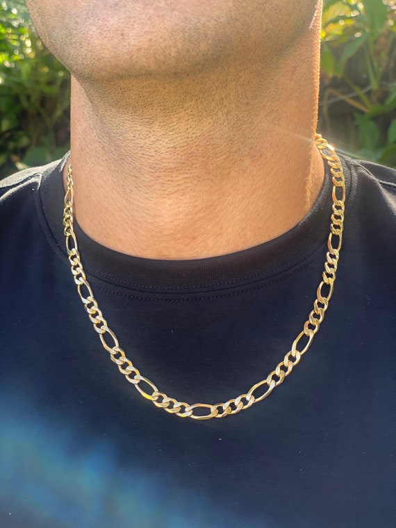 18K Thick Gold Figaro Chain Necklace, 7mm Thick Gold Chain