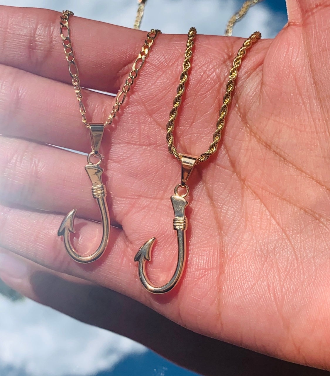 18K Hook Charm Pendant Necklace, Fishing Charm Necklace, Fishermen