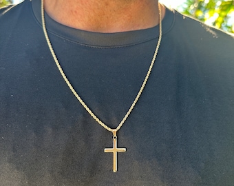 Mens Gold Cross Necklace, Rope Chain, Gift for Him, Gold Filled Chain, Waterproof Necklace, Cross Jewelry, Protection Necklace, Religious