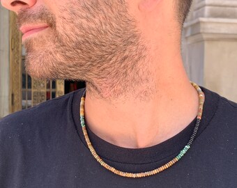 Mens Surfer Beaded Necklace, Boho Mens Wood Necklace, Mens Choker Necklace, Wooden Bead Necklace, For Him, Cool Mens Necklace, Mens accesory