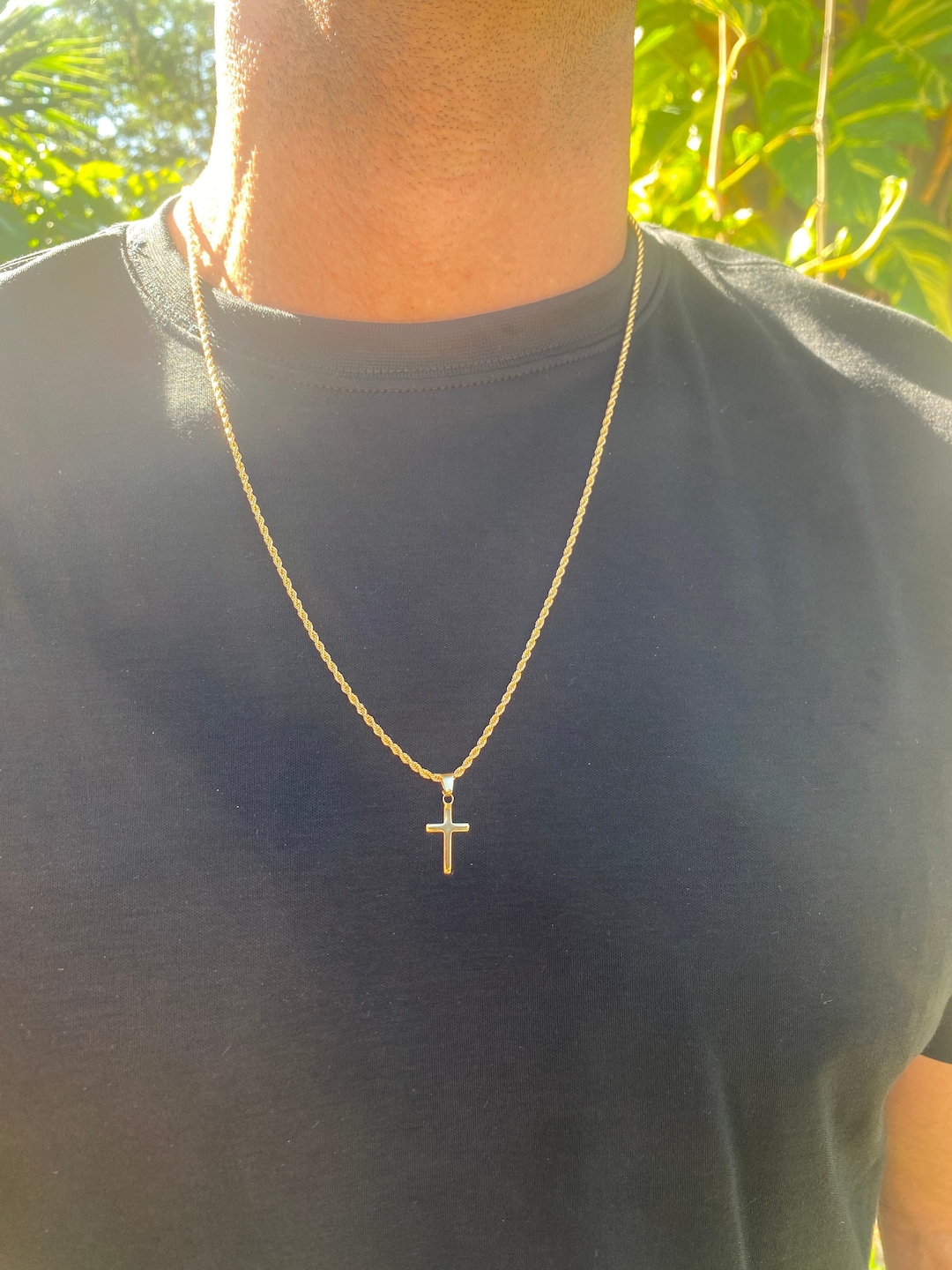18K Mens Cross Necklace on Rope Chain, Religious Gift for Man, Catholic ...