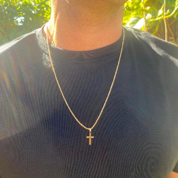 Collier croix simple en or pour homme, chaîne en corde de 2 mm, superposition de chaînes, pour père, pour fils, pour ado, bijoux de protection croix, or rempli