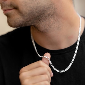4mm Sterling Silver Curb Chain, Mens Necklace, Cuban Silver, Thick Man Silver Chain, Gift for Him, Minimalist Sterling Silver Jewelry