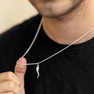 Sterling Silver Italian Cornicello Necklace, Italian Horn Jewelry, Waterproof Necklace, Jewelry Gift for Him, Layering Chain, Italian Gift