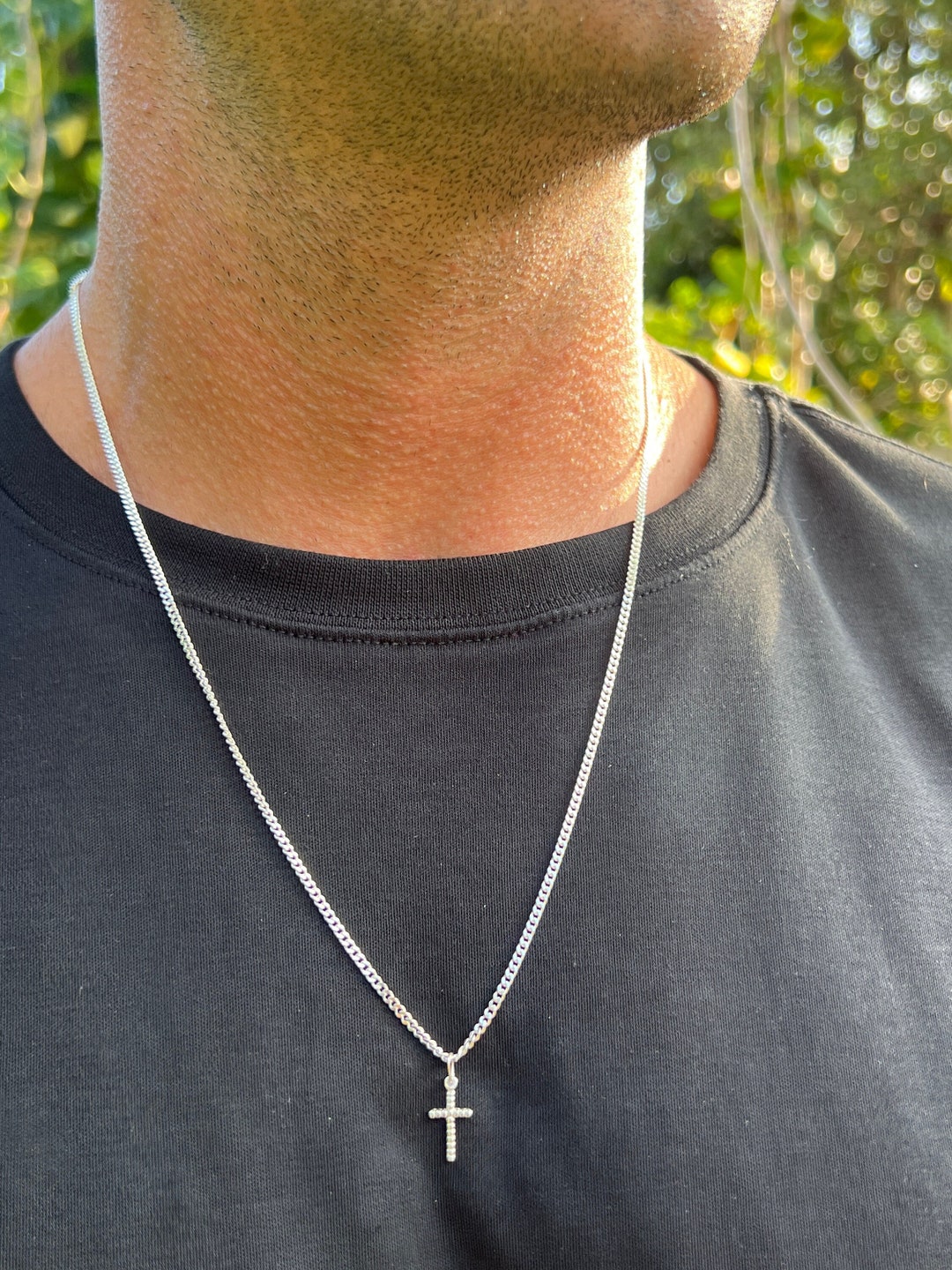 Sterling Silver Mens Cross Chain, Christian Cross Necklace, Cross