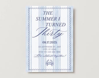 Coastal Birthday Invitation: Blue Crab Nautical Summer Party, Striped Beach Theme “The Summer I Turned _____”