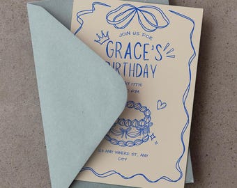 Blue Whimsy Birthday Invite for Girls | Editable Line Art Design | Instant Download