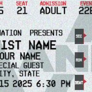 May include: A concert ticket with the event code "22BDAY" and the text "ARTIST NAME". The ticket includes the date "SUN JUNE 15 2025 6:30 PM", section 105, row 35, and seat 21. The ticket is from Ticketmaster.