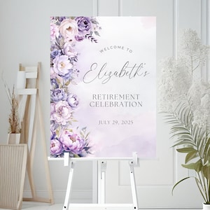 Modelo de placa de boas-vindas para festa de aposentadoria, placa de buffet floral, placa de festa, editável no Canva, download digital instantâneo, para impressão