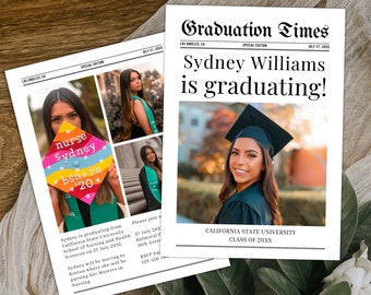 Graduation Party Invitation, Newspaper Announcement Template with Photo, Edit in Canva, Grad Announcement, 5x7 Instant Digital Download
