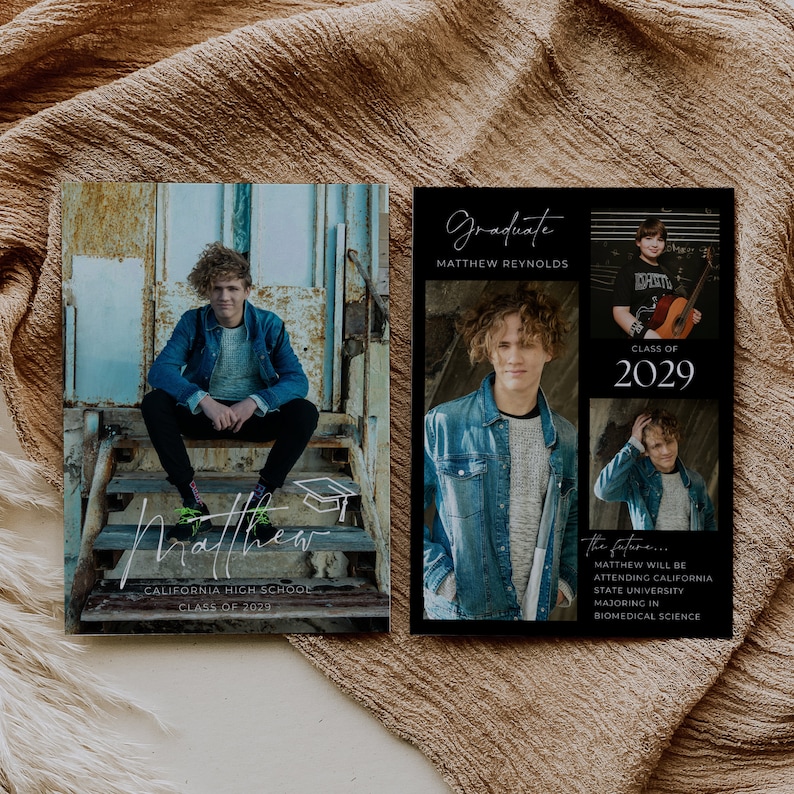 Graduation Announcement Template with Photos, Editable in Canva, Senior Grad Announcement, Instant Digital Download, Dark Background image 1