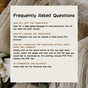 May include: A white background with black text answering frequently asked questions about editing, resizing, and downloading templates. The text states that templates can be edited for free using a Canva account, but resizing requires a paid Canva Pro account. The text also explains how to download templates after making changes and states that the templates are for personal use only.
