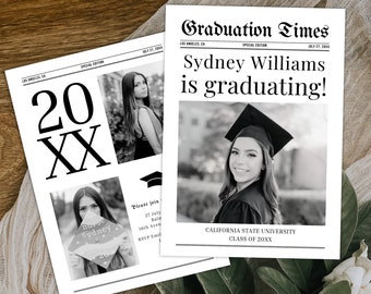 Graduation Party Invitation, Newspaper Announcement Template with Photo, Edit in Canva, Grad Announcement, 5x7 Instant Digital Download