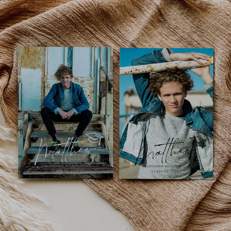 May include: Two graduation announcements with a photo of a young man in a blue denim jacket. The text on the announcement reads "Matthew, California High School, Class of 2023".