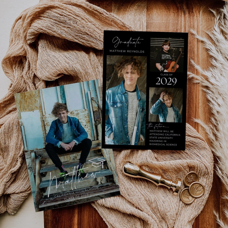 May include: A black and white graduation announcement with a photo of a young man in a blue denim jacket. The announcement includes the text "Graduate", "Matthew Reynolds", "Class of 2029", and "The future... Matthew will be attending California State University majoring in Biomedical Science".