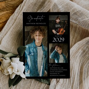 May include: A black and white graduation announcement with a photo of a young man in a blue jean jacket. The announcement includes the text "Graduate", "Matthew Reynolds", "Class of 2029", and "The future... Matthew will be attending California State University majoring in Biomedical Science".