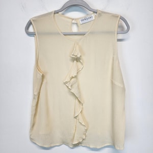 Vintage Bloomingdales Rüschenfront Bluse Größe 16W Creme ärmel Crepe 100% Seide