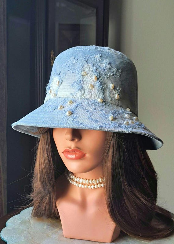 Frayed Denim Cloche Hat with Floral Accent Denim Bucket Hat With Flower, Blue Cloche Hat for Women  main image 4