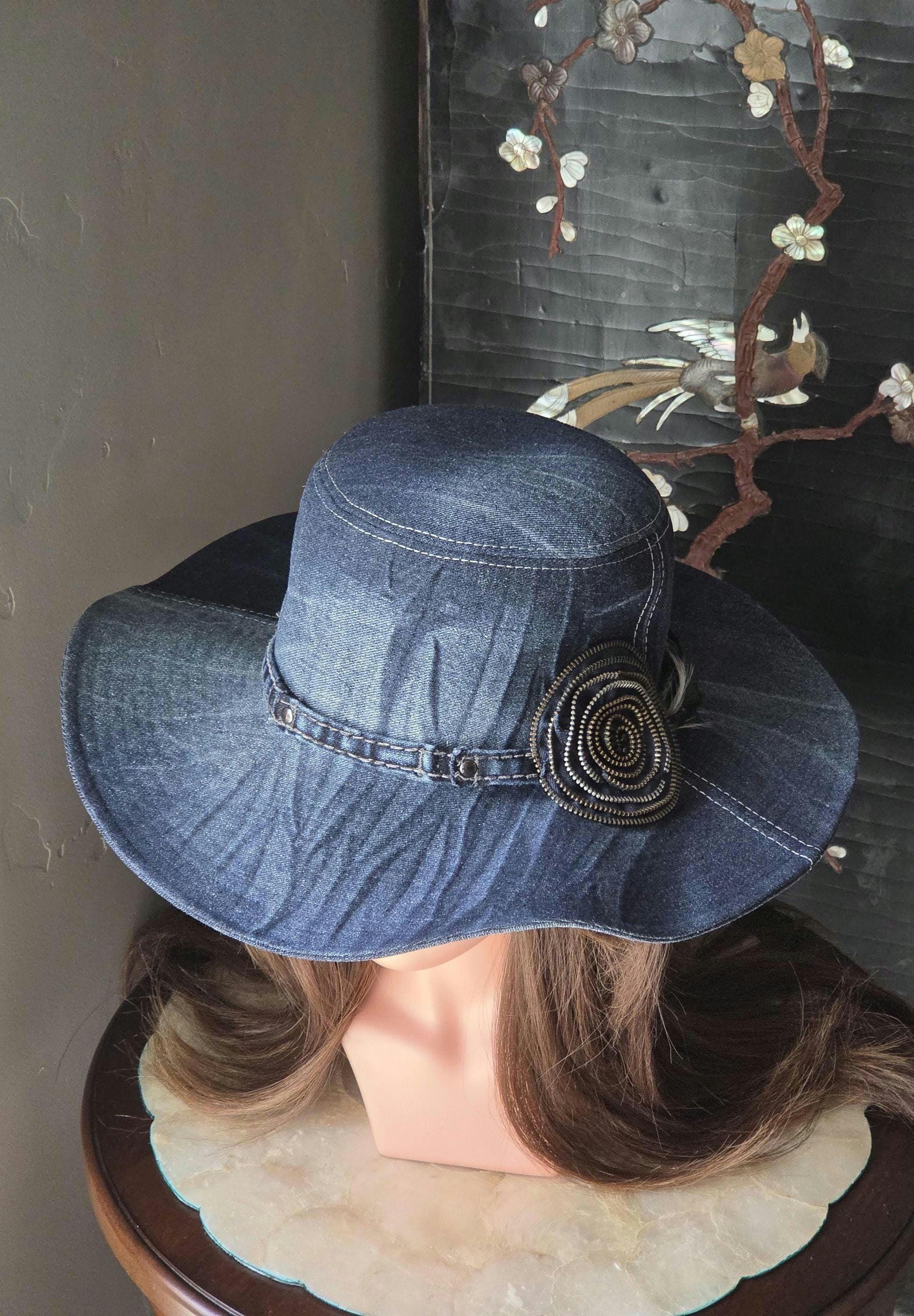 Upcycled Pink Denim Patchwork Bucket Hat with Lace and 