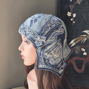 Upcycled Denim Size S Cloche Hat With Choker / Wearable Art/Perfect Gift
