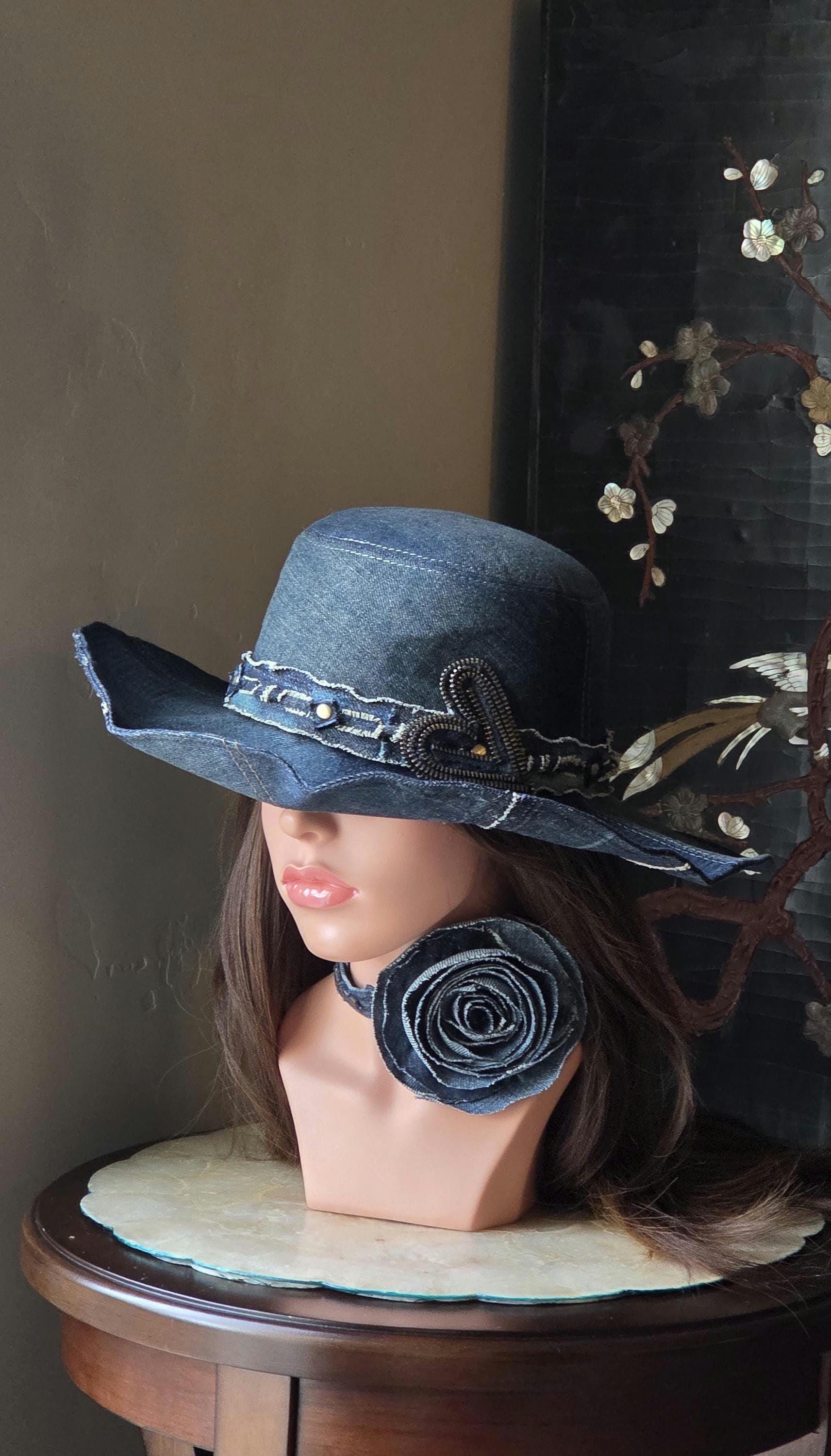 New Dark Denim Distressed DOUBLE LOGO Upcycled  Hat Distressed Denim Navy Trucker Hat | Von Dutch main image 4