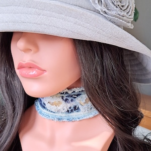Distressed Denim Choker Necklace With Golden Ribbon  And Rivets/Perfect Gift/See more in my store.