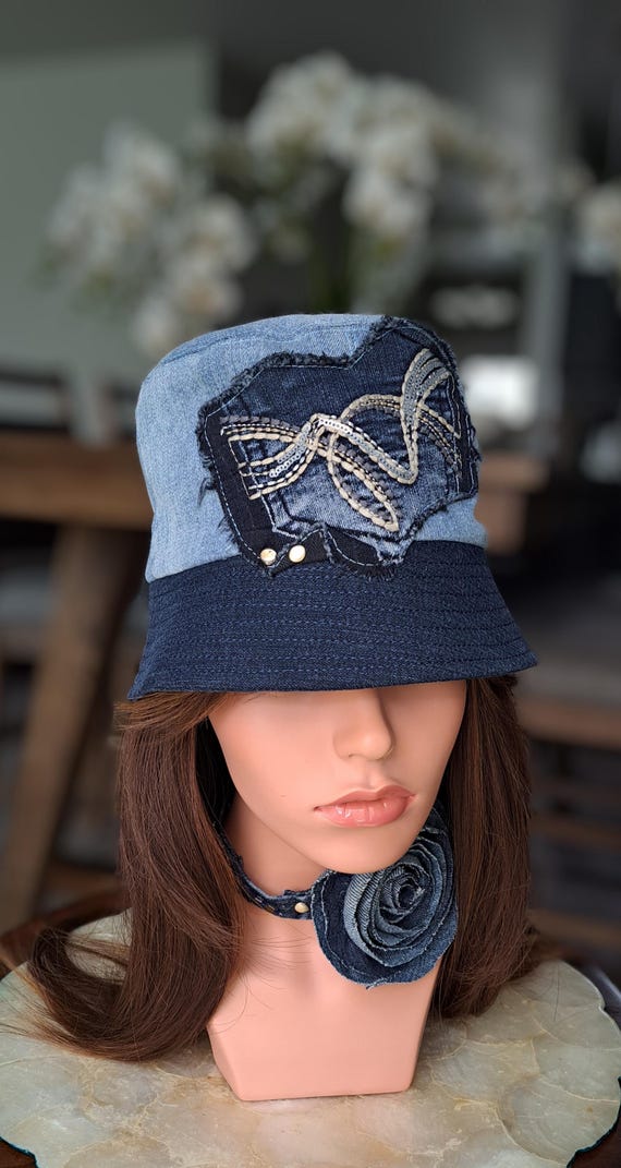 Upcycled Denim Bucket Hat: Handmade Embroidered Patch, Short  display picture 2