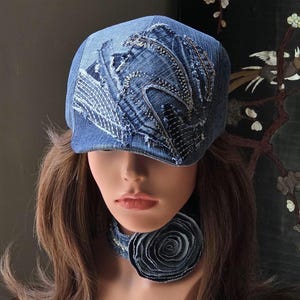 Upcycled Denim M 22.5"/23" Patchwork Flat Cap Embroidered Bohemian Chic Hat/Perfect Gift/See more hats in my boutique.