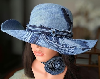 Upcycled Denim 23"/58cm.  Bucket Hat: Patchwork Distressed Sun Hat