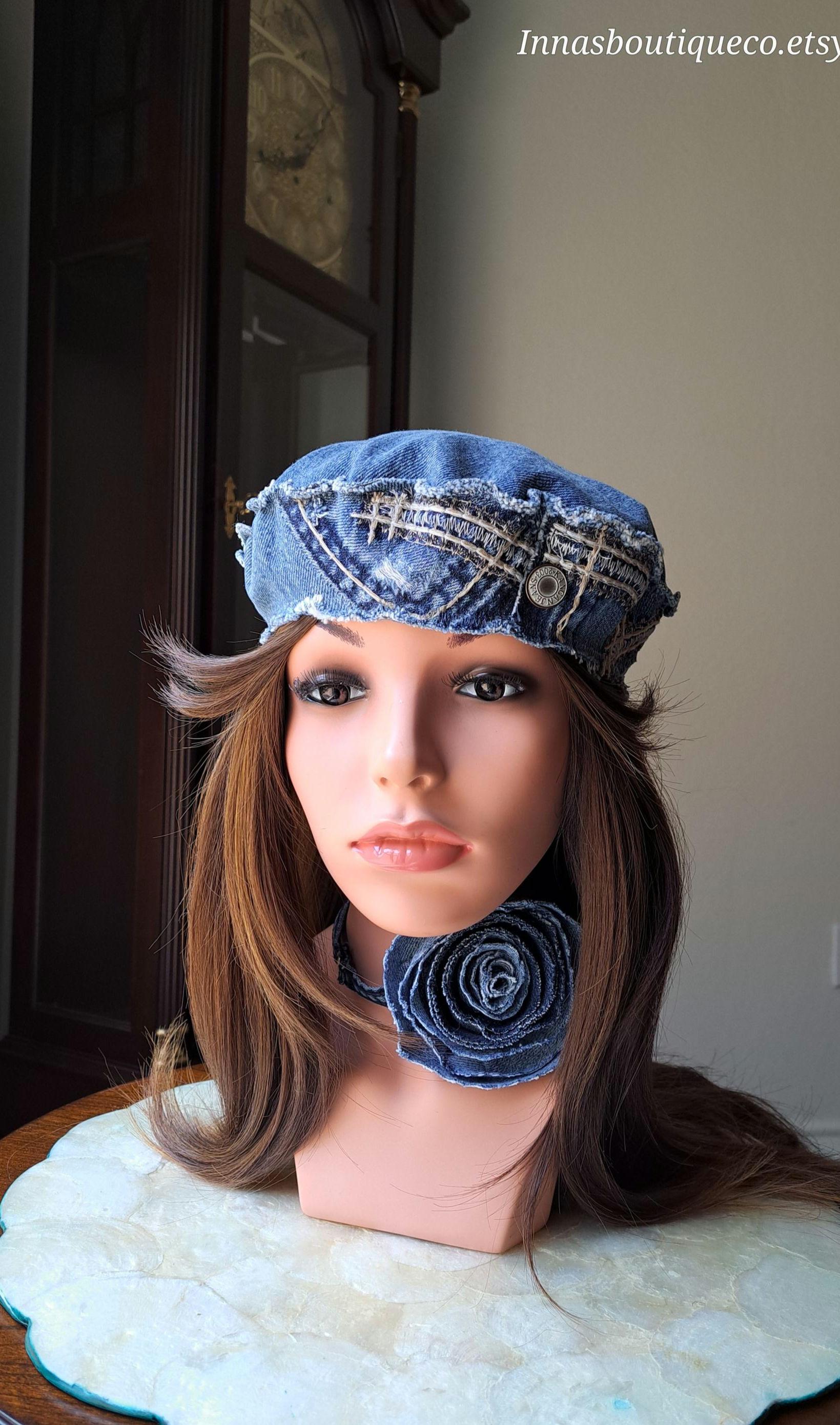 Upcycled Denim Little Beret With Patchwork, Embroidery and 