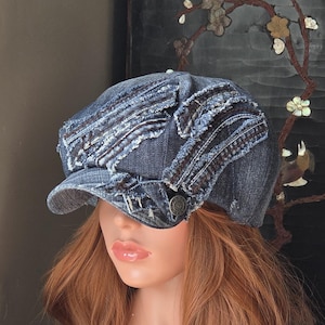 Oversize Upcycled  XL/ 24.25"/62cm.  Denim Newsboy Hat With Patchwork And Embroidery / Perfect Gift/  See more hats in my boutique.