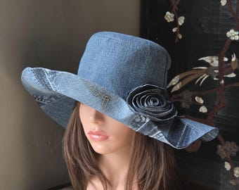 Upcycled Denim 22.5"/57cm Bucket Hat With Patchwork  , Tall Crown And Rose.