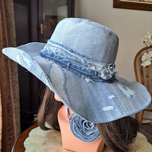 Upcycled 23&quot;/58см. Denim Hat With Patchwork ,Distressed Headband And Pin-Broosh /Perfect  Gift/See more hats in my store.