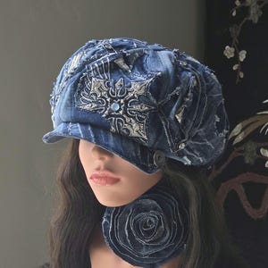 Upcycled Denim L/23.5"/59cm Newsboy Hat Patchwork Embroidered With Rinstones/ Perfect gift/ See more hats in my Boutiqu