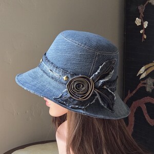 Upcycled Denim 23"/58 cm Hat with Rose Brooch: Bohemian Chic Style