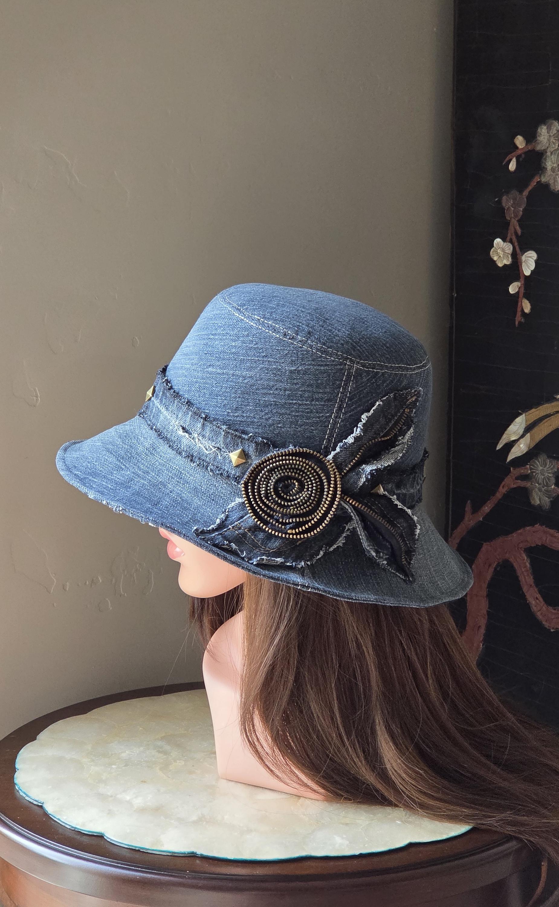 Upcycled Camouflage & Denim Patch Fedora Hat with Decorative Brooch Upcycled Denim S /22 main image 2