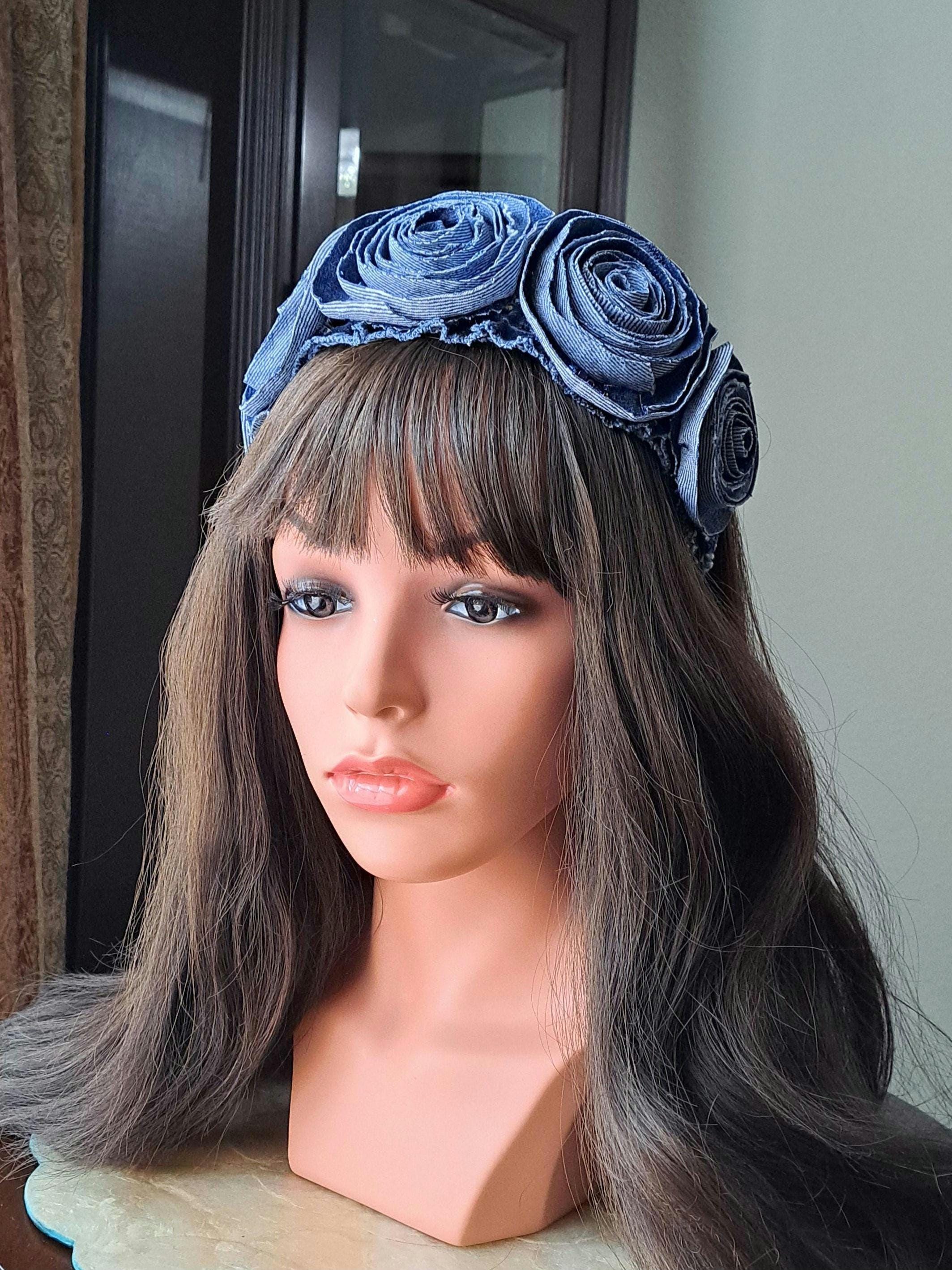 Upcycled Denim Flower Headband: Boho Chic Glass Bead Roses  display picture 1
