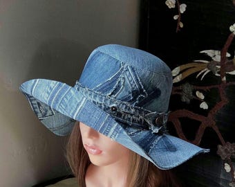 Upcycled Denim 23"/58cm Bucket Hat With Distressed  Headband And Patchwork/Perfect Gift