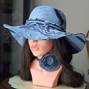 Upcycled 23&quot;/58cm. Denim Bucket Sun Hat With Patchwork ,Distressed Headband And Rivets /Perfect  Gift/See more hats in my store.