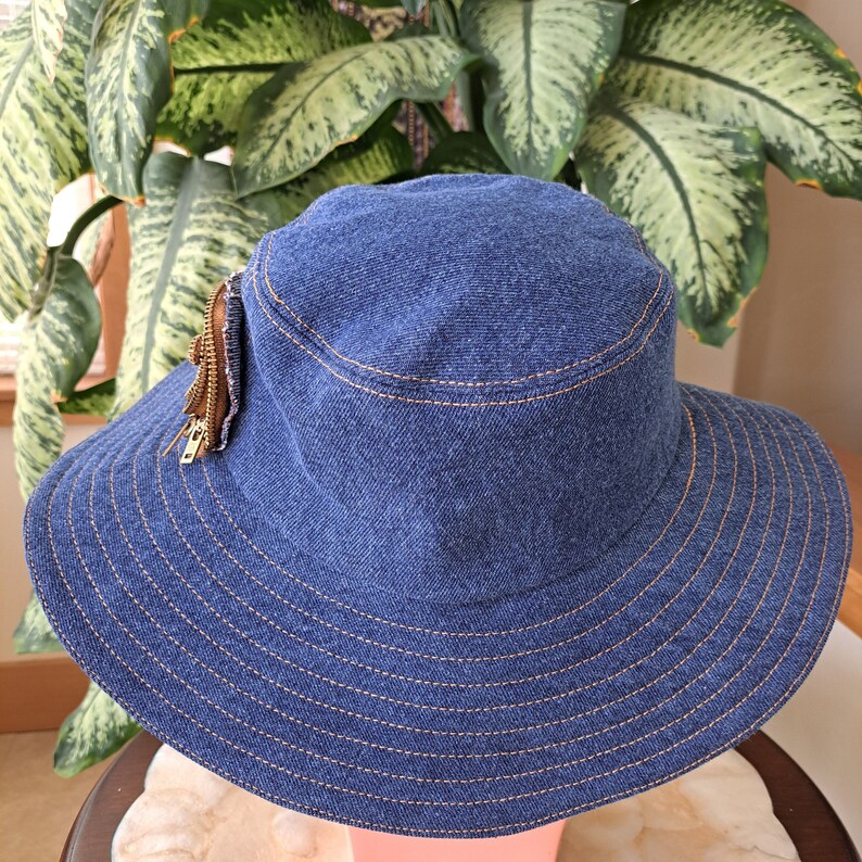 Upcycled Denim Wide Brim Bucket Hat With Zipperrose/ Perfect Etsy