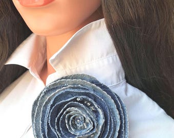 Denim Rose Brooch: Handmade Upcycled Boho Flower Pin
