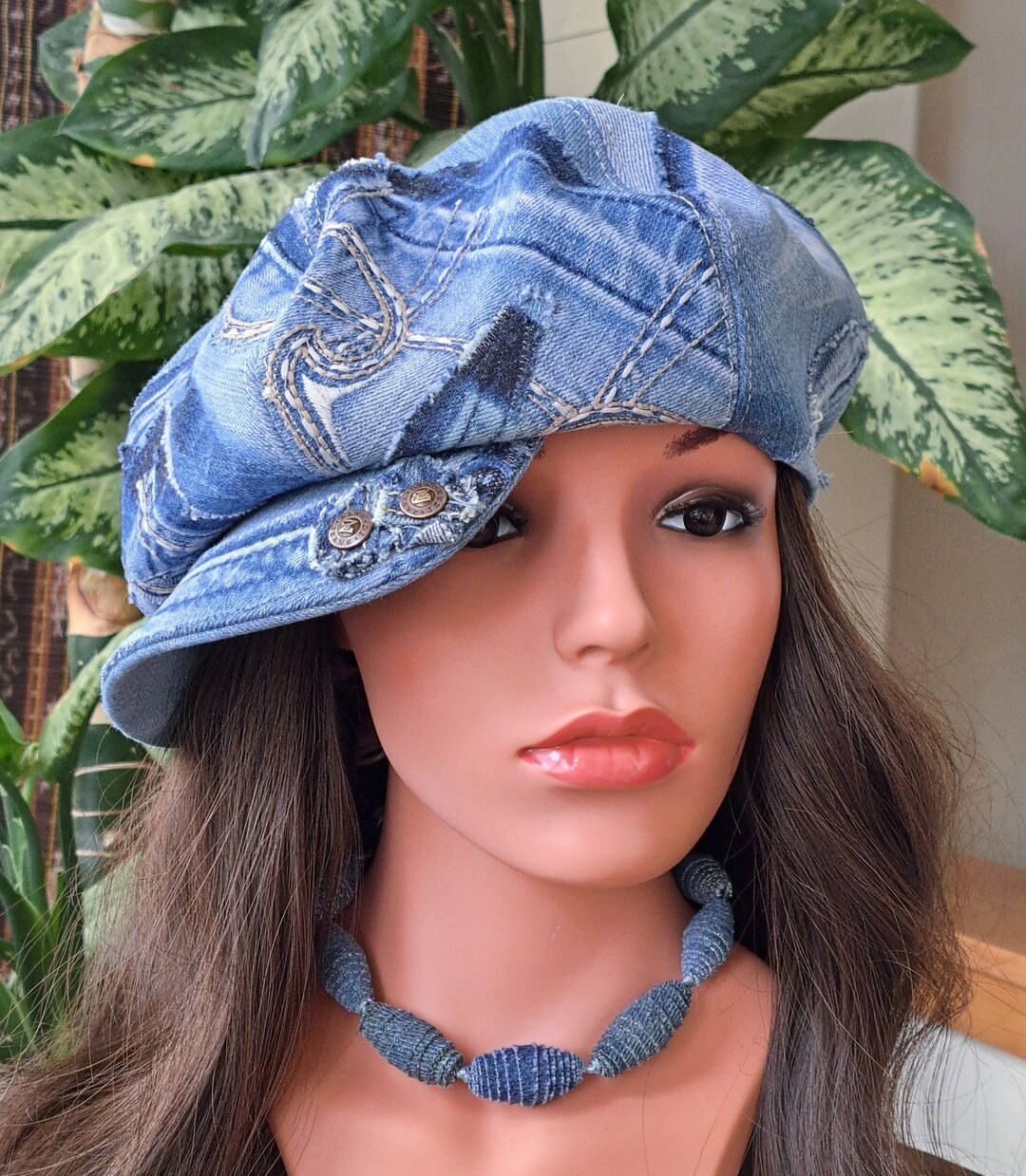 Denim Newsboy Hat With Patchwork,rivets and Embroidery /perfect Gift