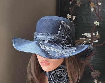 Upcycled Denim 22.5"/57cm Patchwork Hat With Medium Brim And Distressed Headband/Perfect Gift