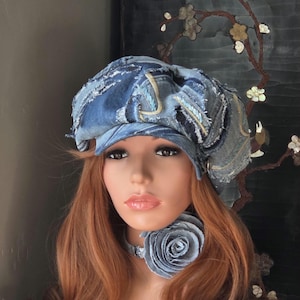 Upcycled Oversize 24"/61cm Denim Newsboy Hat With Patchwork, Embroidery and Bugle Beads/Perfect Gift/See more hats in my store