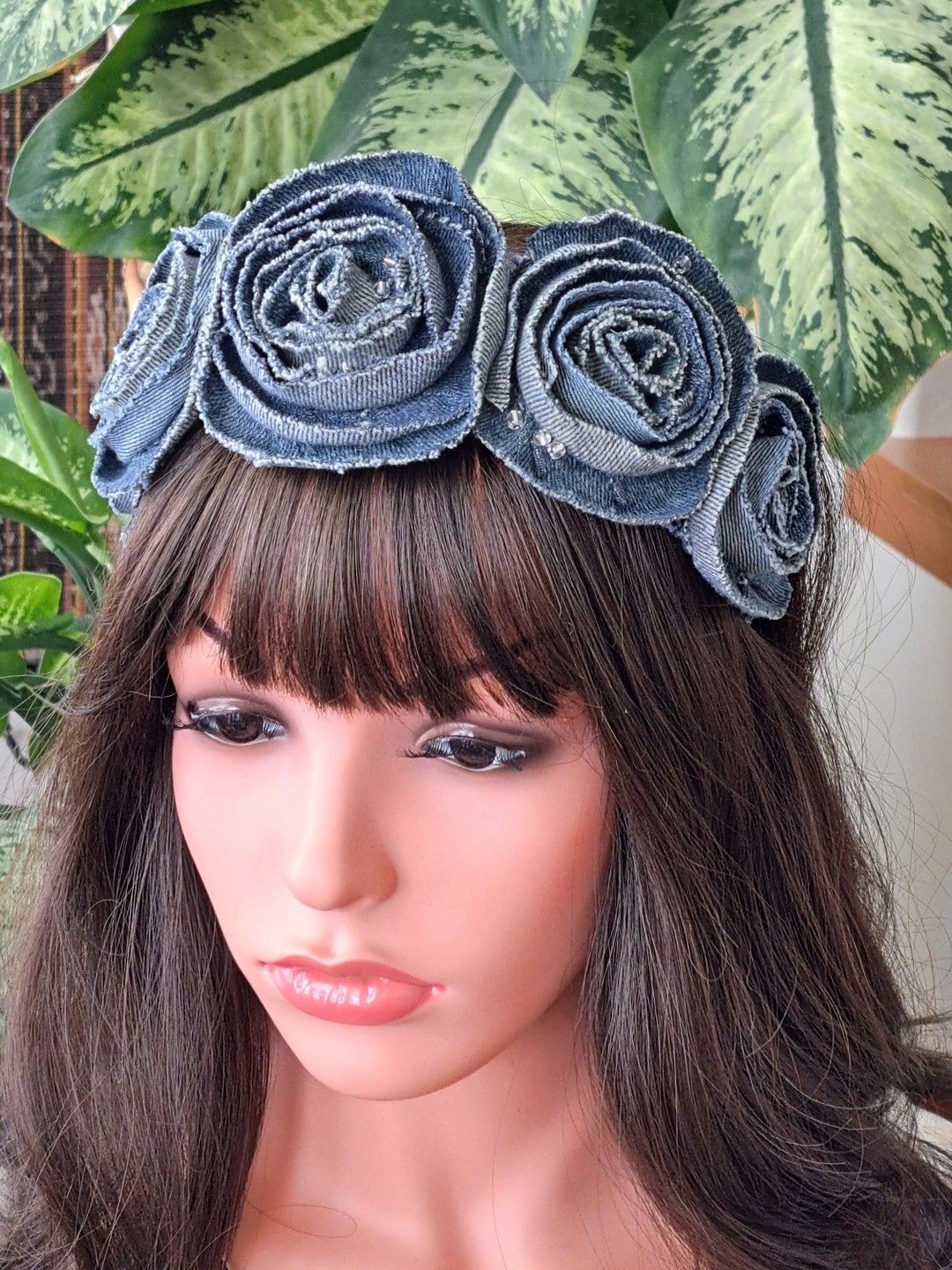 Gray Denim Headband With Roses and Glass Beads/ Perfect Gift /see More