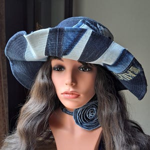Upcycled 22&quot;/S  Denim Hat With Patchwork,Embroidery and Buttons- Brooch/ Perfect  Gift / See more hats in my store.