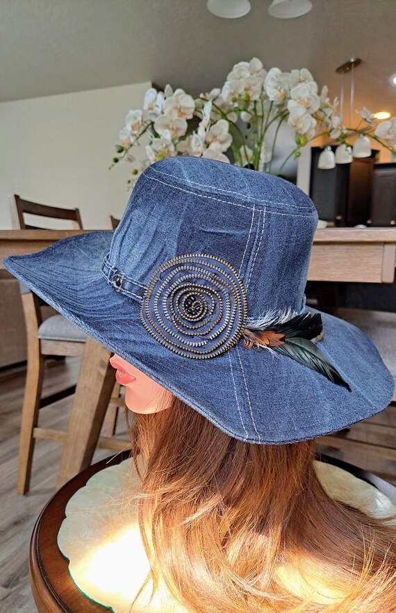Upcycled Denim Hat: Handmade Boho Chic Feathered Brim - Etsy display picture 1